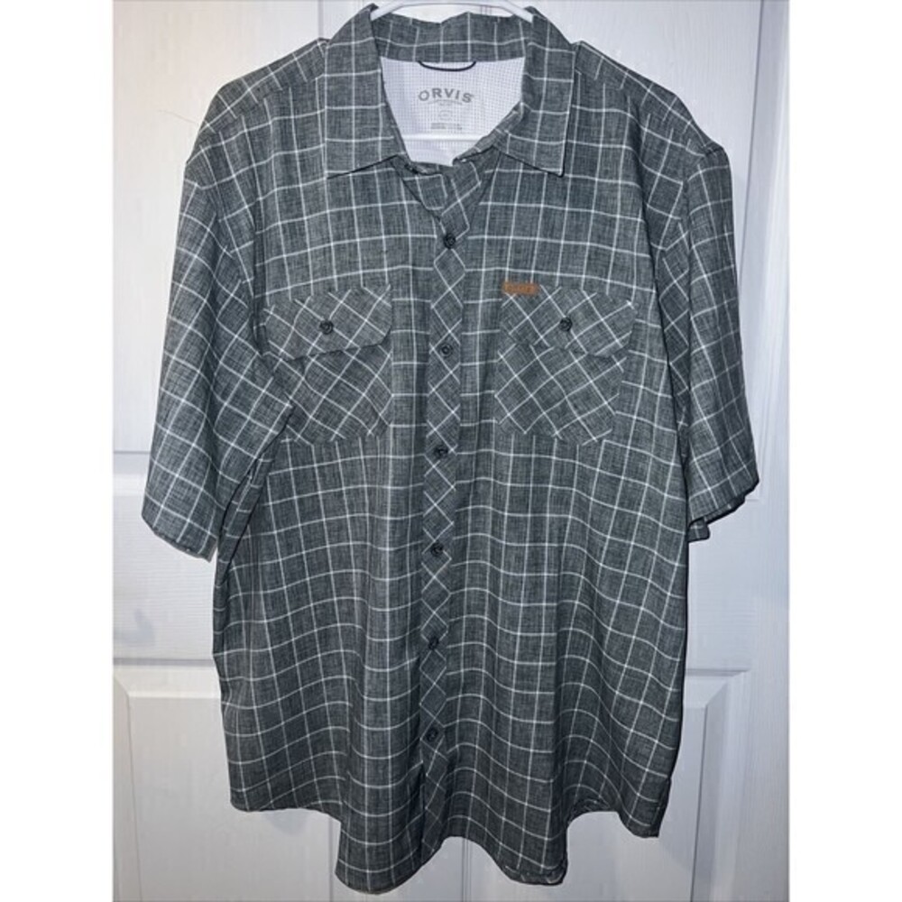 Orvis Mens‎ Grey Plaid Button Front Short Sleeve Polyester Shirt Size XL